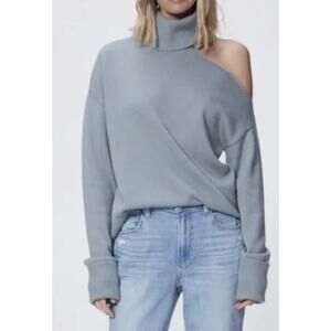 PAIGE Raundi Cutout Shoulder Sweater Stone Blue Size S